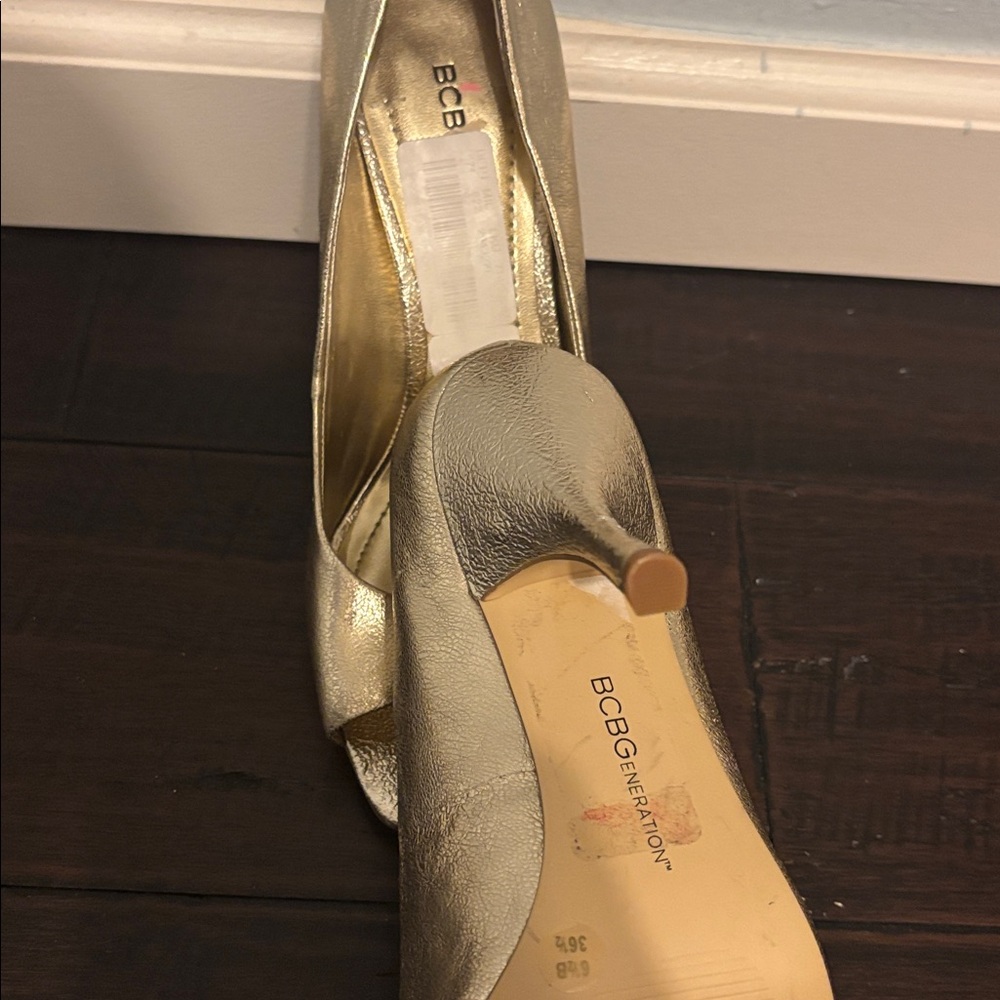 BCBGeneration Metallic Gold Peep Toe Heels - Picture 5 of 6